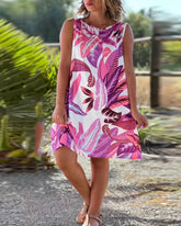 Bladtryckt Ärmlös Klänning med rund hals